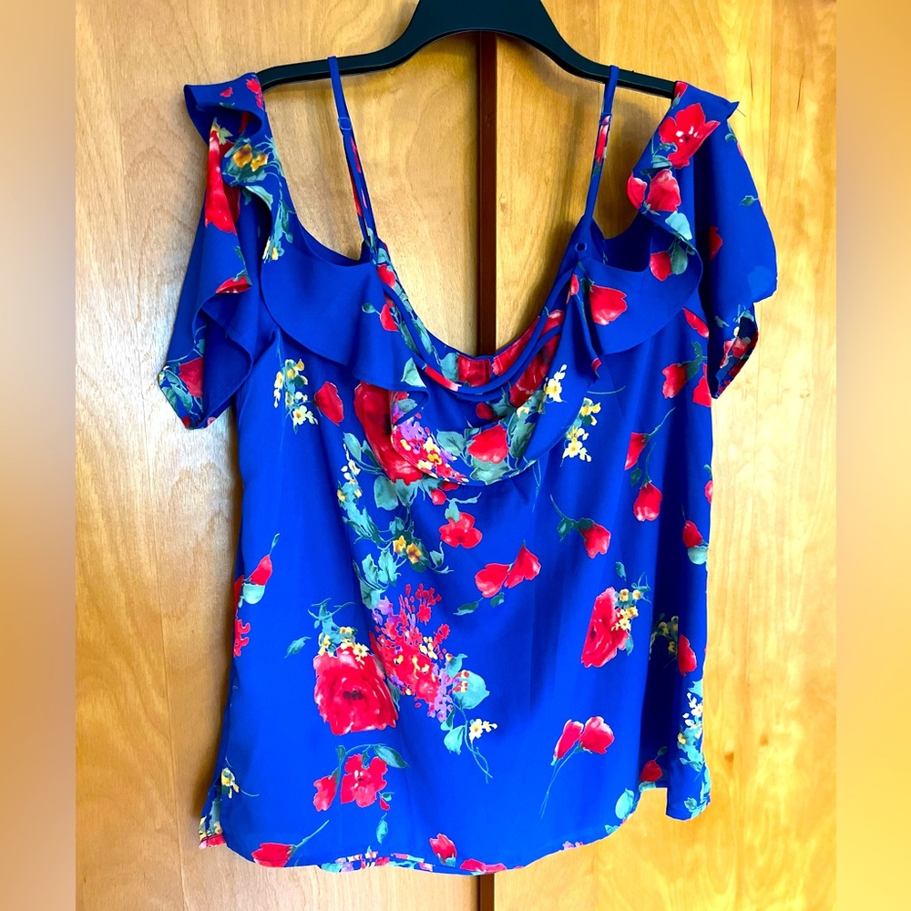 Cold Shoulder Ruffle Blouse ▪️ XXL▪️ Royal Blue Floral